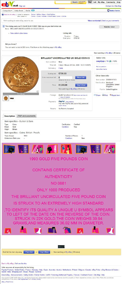 craig69jojo eBay Listing Using our 1993 Brilliant Uncirculated Gold Five Pound Photographs